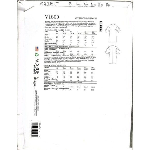 Vogue V1800 Misses L to XXL Puff Sleeve Dress Uncut Sewing Pattern New - Picture 2 of 2